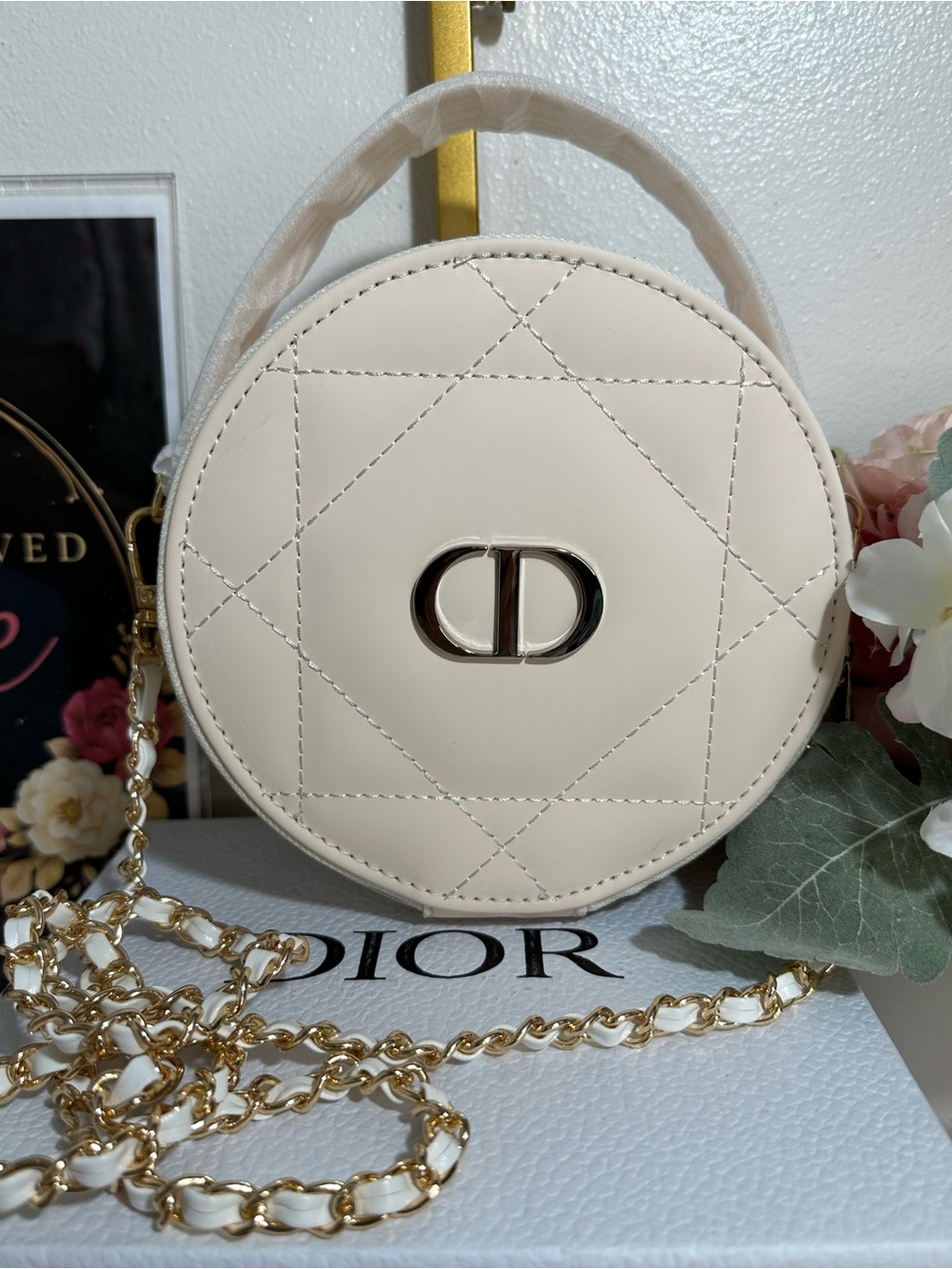 GWP Dior Cream Quilted Round Mini Crossbody with Gold Chain